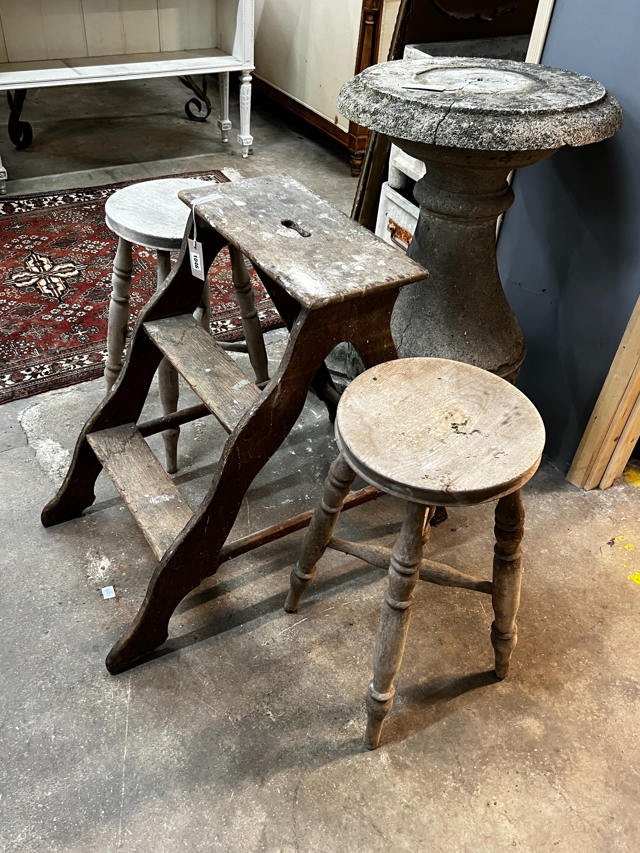 A set of provincial oak steps, height 67cm together with a pair of bleached stools